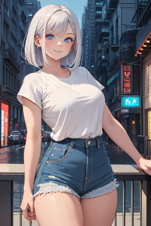 A woman with silvery bob hair and blue eyes, White T-shirt, Shorts, Hot denim pants, Cheeky Smile, Condescending look, Gazing at the viewer, Highly detailed and realistic, masterpiece quality, Very detailed, High resolution, Vibrant colors, Physically Based Rendering, (Muscular), (Thick thighs:1.3, Big Ass:1.3),in the rain, night, In the city, High-definition background