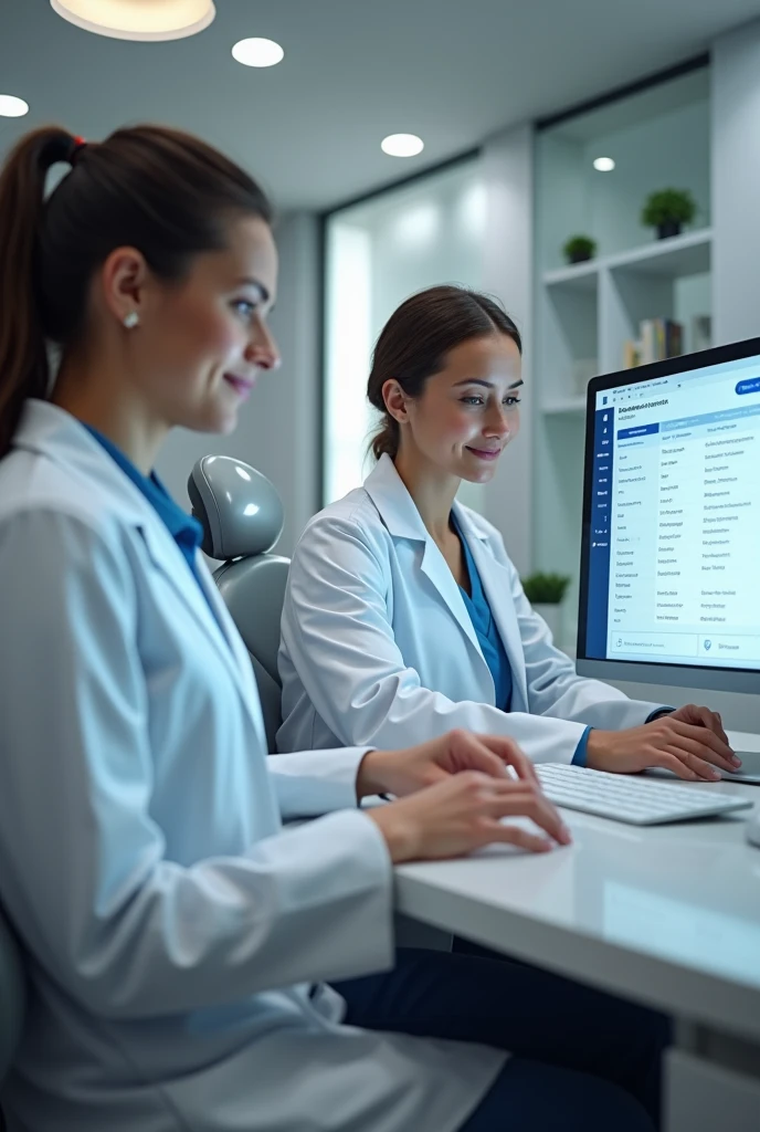 a couple of dentists in their dental office, that they are using a computer and on the screen an appointment control system for an advertisement 