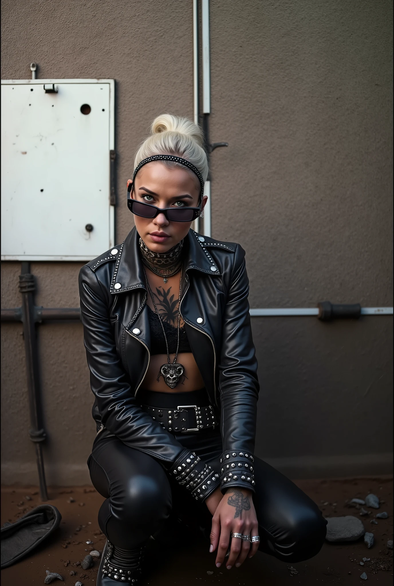 Anglosaxon old milf woman, , blonde platinum hair (beehive bun, black parsley headband), with very light green eyes, extremely pale. .Wearing oversized square black maxisunglasses Wearing studded cropped black moto jacket (verical zippers on the sides,skull badges on sleeves). Black lace push up bra, skinny leather jeans. Silver Chelsea boots with cuban heels. Lots of thick wide studded bracelets, chain collars and big rings. Tacky wide studded leather belt, with big skull and bones round buckle. Long earrings with chains. Squatting on a large torm, dirty usa flag, looking at the photographer. Craving heavily. Hands on knees. Waste and trash all over the floor. Her studded leather bag, thron away. Looking at the camera, chin up. Toned abdominals, thin neck, slim legs and thin arms. Neck, chest, belly, hands and arms completely tattoed. Dirt road of Nairobi after the rain, puddles on the ground,crowded with muscular shirtless men in jeans, street full of puddles and garbage. Her studded black leather bag is a few metres behind her