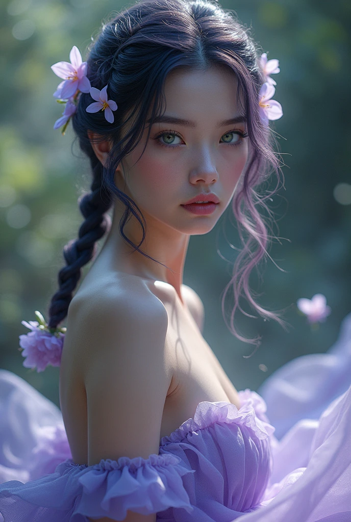 Woman,skin fair,sparkling green eyes,dark purple braided hair,flowers in the braid,light purple dress,cinema image,品質,full body images,detailed