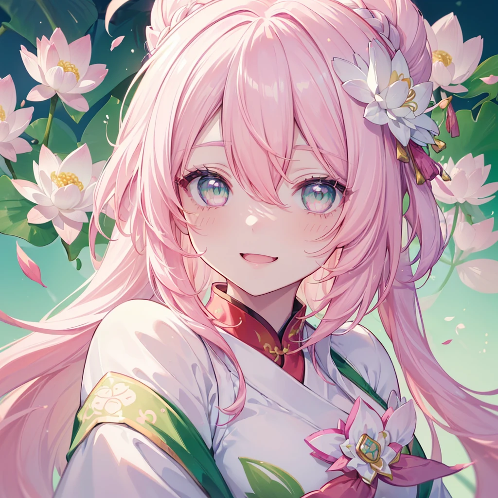 ((Genshin impact style lineart)) ((face portrait)),  (masterpiece), (high quality), 1 girl, 16 years, female and curvy body, white skin, freckles, ((long, and wavy (((white-pink hair)), ((GREEN and bright eyes like de forest)), she has a cheerful, Very lively, happy, bright, kind and sweet expression, pink lips with a big smile, ((designs from East Asian, Game character costume design)), Chinese clothing style with a green and light pink color palette, japanese hair accessories, ((White background, chinese flowers, lotus, cute and colorful pink details)), ((portrait panting)), intricate details, lens flare，ultra high resolution，sharp focus，HD，8k，clear facial features，clear details，beautiful eyes，beautiful and cheerful face