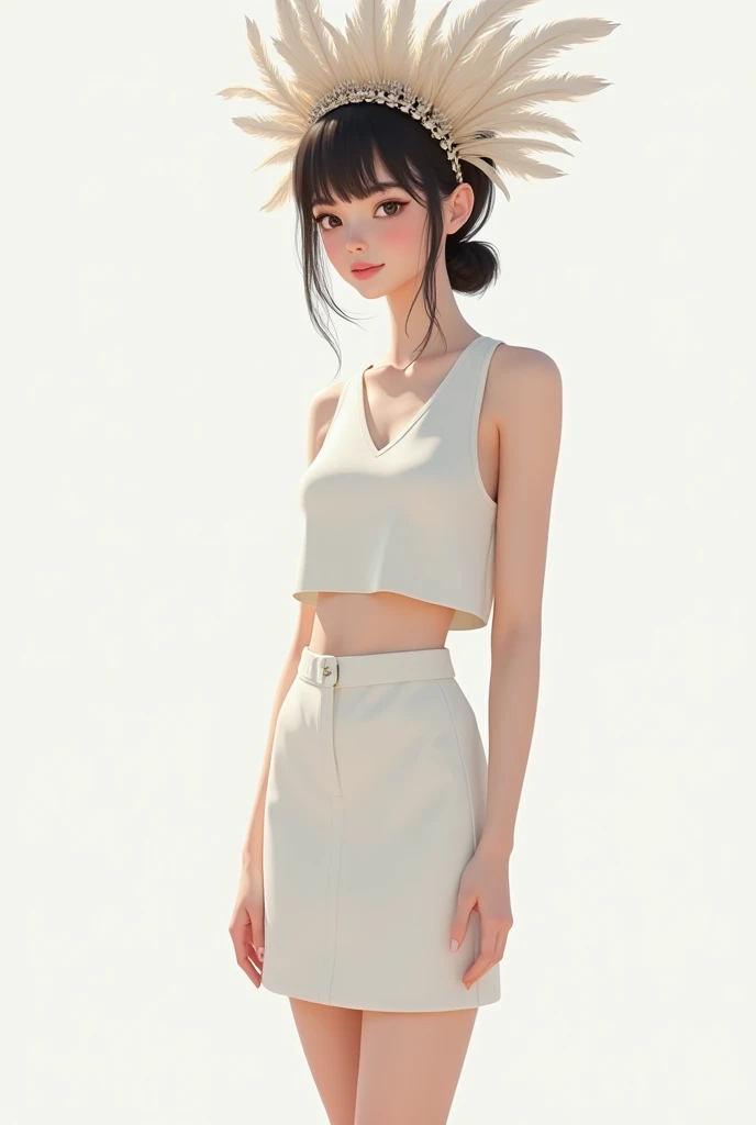 with a short white knee-length skirt and white top, an original accessory like a tiara, made of feathers on the head