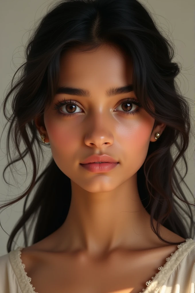 Create a realistic indian teenage girl of about 17 years with average body and fair colour