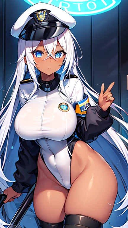 1girl, dark skin, dark-skinned female, police uniform, police, white hair, long hair, blue eyes, police hat, large breasts, thick thighs, futuristic, neon trim, science-fiction, machinery, tech, blue trim, glowing eyes, toned, cute face, mature female, hourglass figure, neon, one-piece swimsuit, competition swimsuit, medal, black swimsuit, badge, police badge, ((badge)), tall