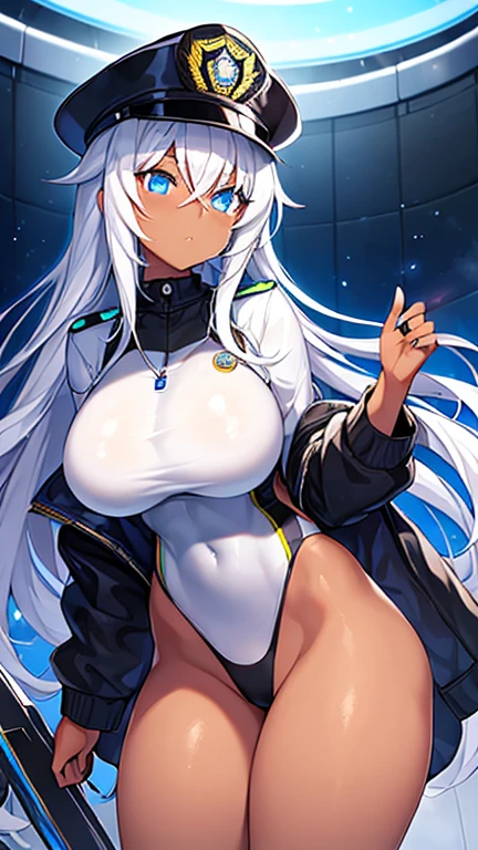 1girl, dark skin, dark-skinned female, police uniform, police, white hair, long hair, blue eyes, police hat, large breasts, thick thighs, futuristic, neon trim, science-fiction, machinery, tech, blue trim, glowing eyes, toned, cute face, mature female, hourglass figure, neon, one-piece swimsuit, competition swimsuit, medal, black swimsuit, badge, police badge, ((badge)), tall