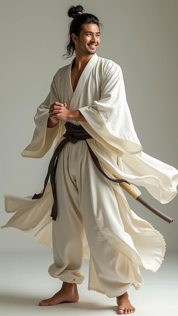 a beautiful man, dressed as a soft art fighter, Grinning, looking at the viewer and 