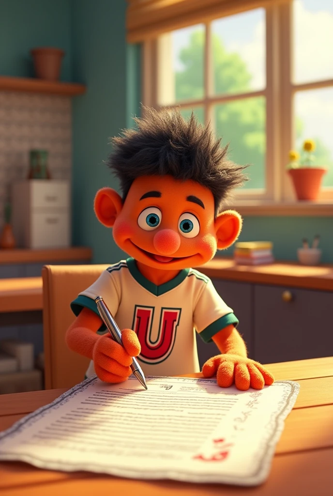 pancho sesame, character animated series sesame street, with a cream-colored soccer jersey that has a cherry-colored letter U on the shield signing a contract
