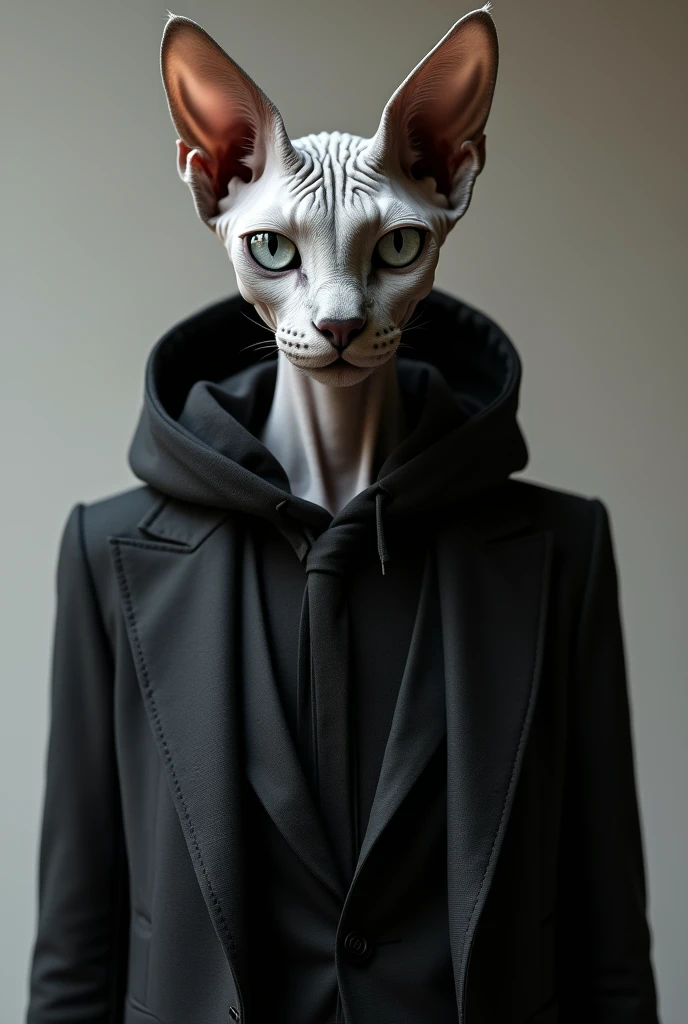Grey Sphinx cat wearing hoodie suit.