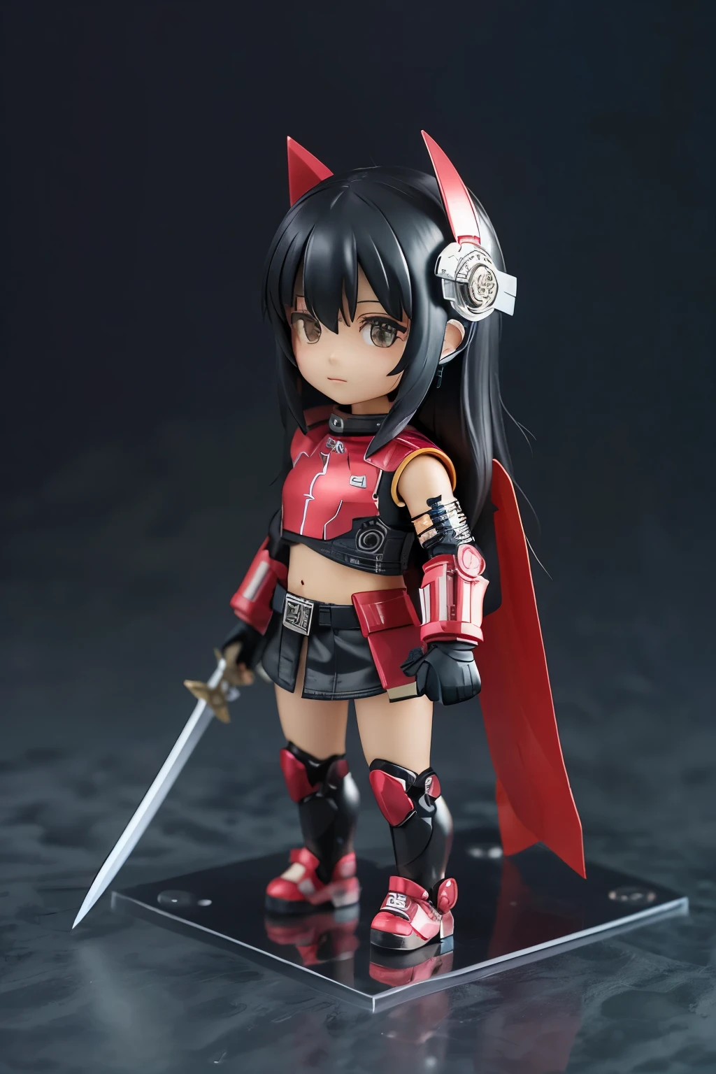 A futuristic warrior girl is deformed in a Nendoroid style.、Very well made。Wearing red and black armor、Long black hair with pink mesh。Equipped with a cyber helmet and a robot suit、He is depicted standing on a rocky mountain with a huge sword on his back.。The blue sky spreads out in the background、Features shiny metal surface finish and fine parts。