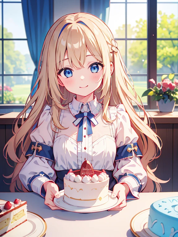 Highest quality、Ultra-high resolution、Highly detailed face、Eye highlights、(One girl、cute、、Blue Eyes、Long wavy blonde hair、smile、Innocent expression)、White dress、smile、front、Sitting、there is a cake on the table、(Delighted)、Inside the cafe、Blur the background