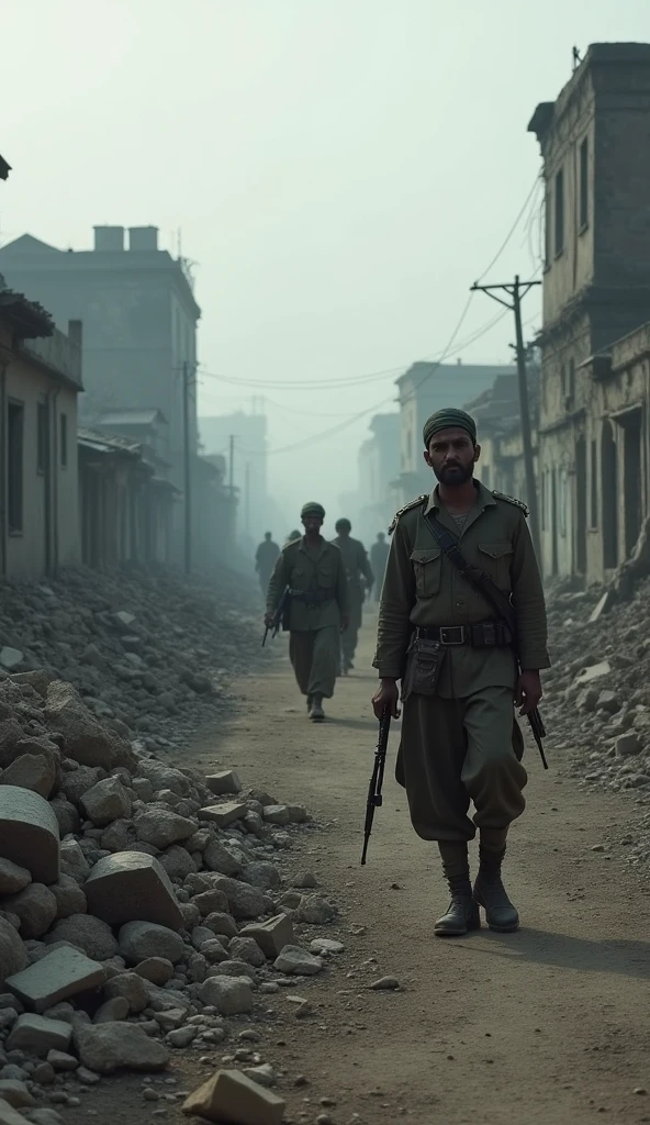 a war-torn village in pakistan after the 1971 conflict with india, destroyed buildings, rubble, abandoned vehicles, emotional soldiers, gray skies, somber mood, (best quality,4k,8k,highres,masterpiece:1.2),ultra-detailed,(realistic,photorealistic,photo-realistic:1.37),gritty realism,muted colors,dramatic lighting,war photography pakisthan 