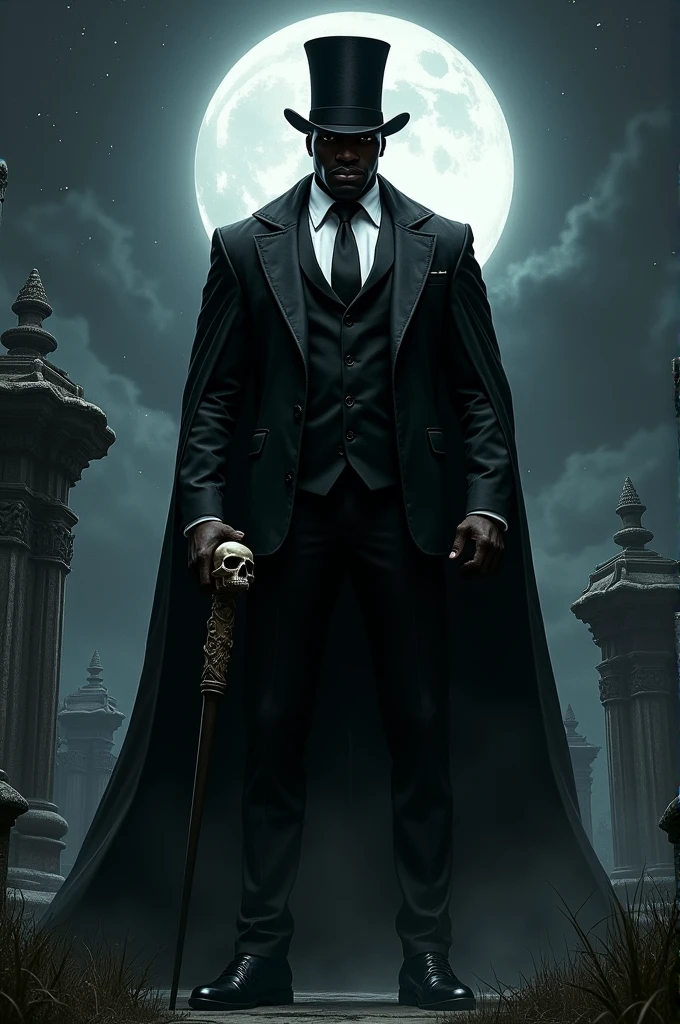 Make a Black Man, muscular and big, wearing black pants and shirt,  a black cape, low top hat , background of a cemetery at night illuminated by the full moon, skull cane