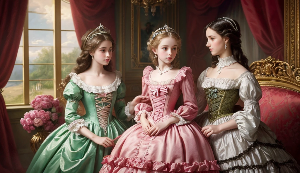 Highest quality, masterpiece, Highest Resolution, artwork, super Familiar, 1many detailed, detailed, Familiar, woman, ,The two are princesses.,Aristocratic girl,pink victorian dress,Long sleeve,Long dress,A dress with lots of frills and ribbons,luxury