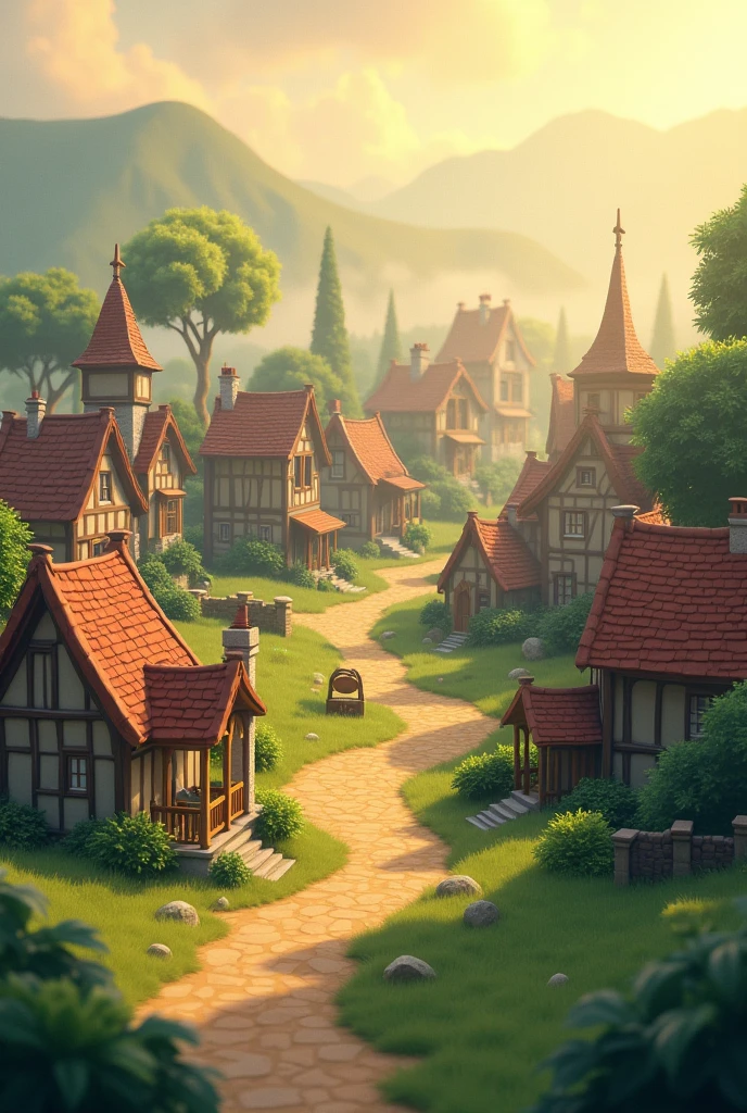 Generate in cinematic 3d cartoon style A small, rustic village at dawn, with mist rising from the ground and a serene atmosphere.