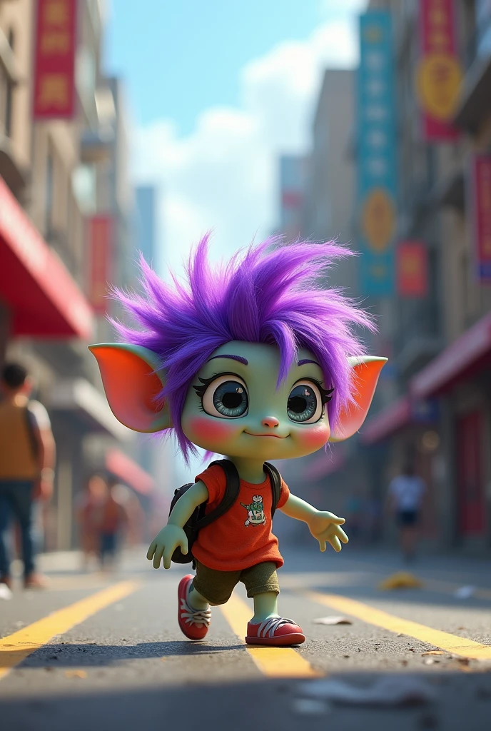 Little purple-haired monster walking on the street