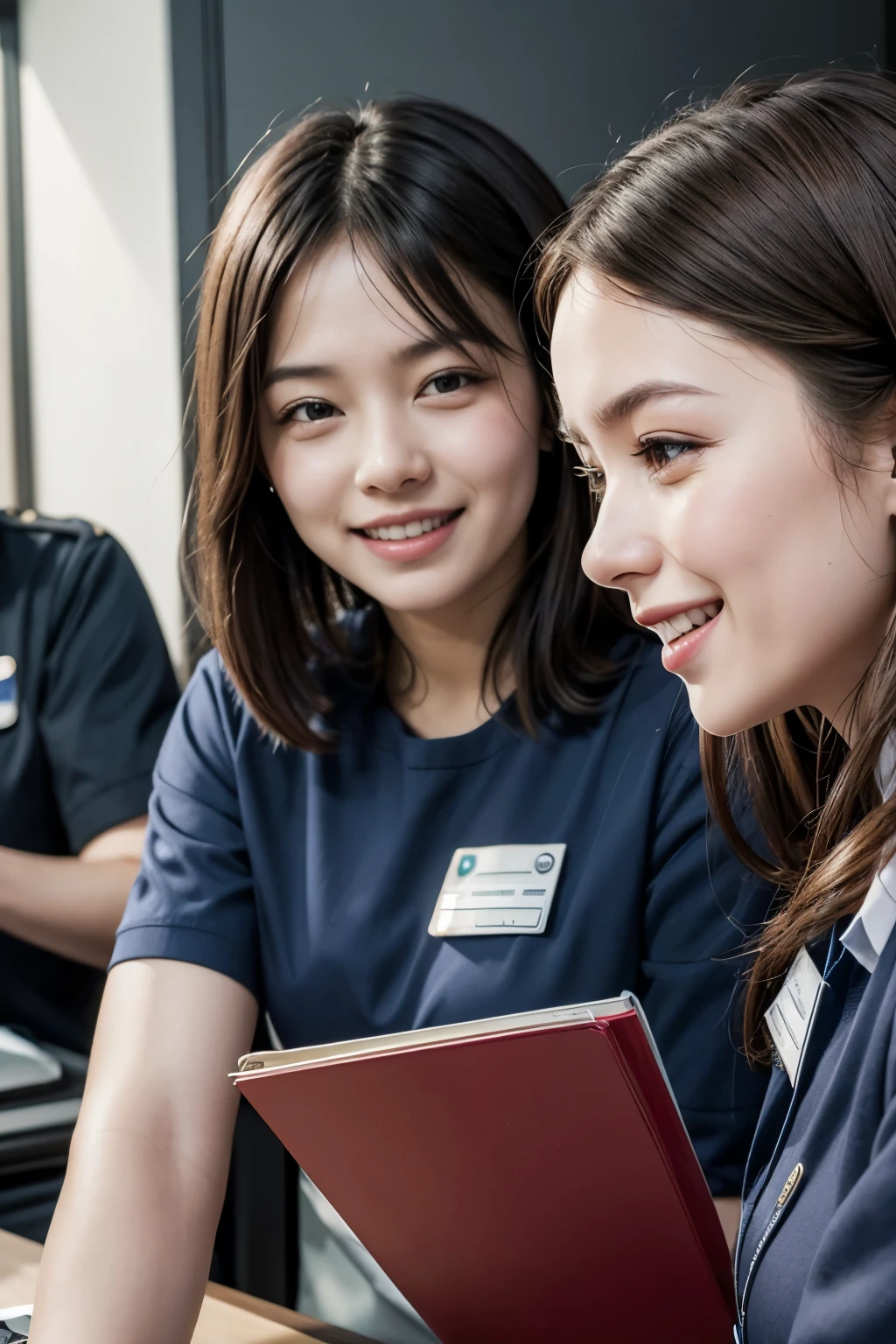 EMPLOYEES TALKING HAPPILY WITH THEIR BADGES