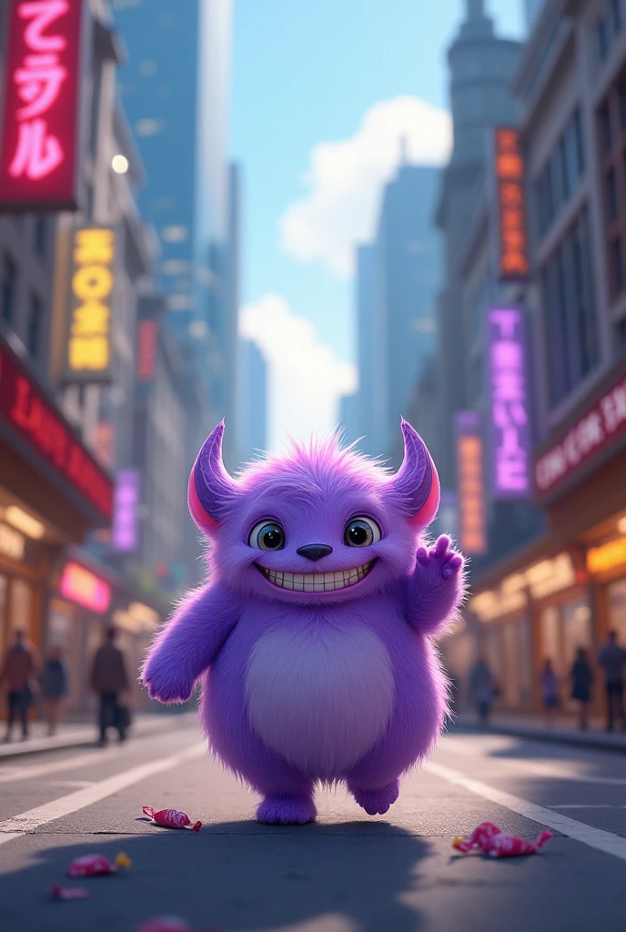 Little purple monster walking on the street