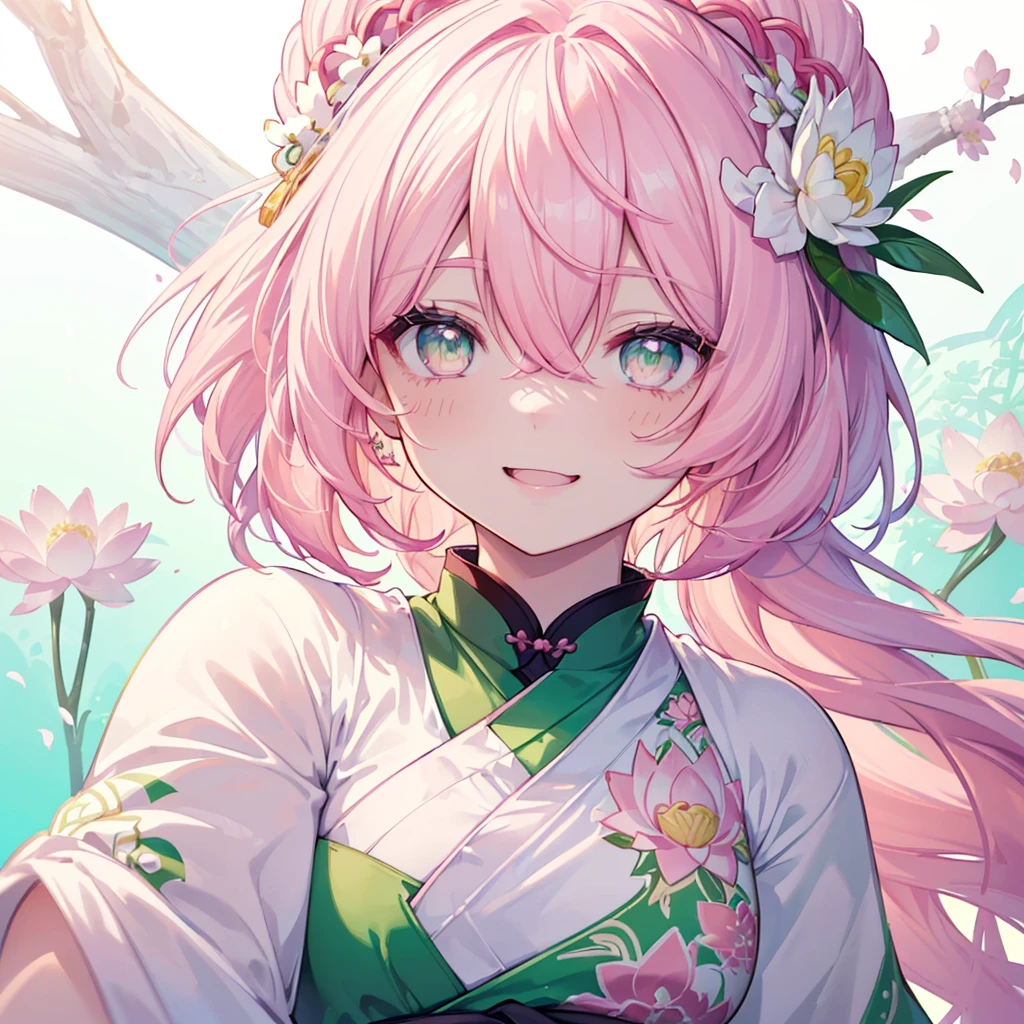 ((Genshin impact style lineart)) ((face portrait)),  (masterpiece), (high quality), 1 girl, 16 years, female and curvy body, white skin, freckles, ((long, and wavy (((white-pink hair)), ((GREEN and bright eyes like de forest)), she has a cheerful, Very lively, happy, bright, kind and sweet expression, pink lips with a big smile, ((designs from East Asian, Game character costume design)), Chinese clothing style with a green and light pink color palette, japanese hair accessories, ((White background, chinese flowers, lotus, cute and colorful pink details)), ((portrait panting)), intricate details, lens flare，ultra high resolution，sharp focus，HD，8k，clear facial features，clear details，beautiful eyes，beautiful and cheerful face