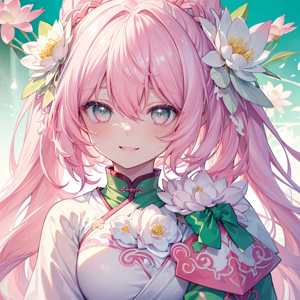 ((Genshin impact style lineart)) ((face portrait)),  (masterpiece), (high quality), 1 girl, 16 years, female and curvy body, white skin, freckles, ((long, and wavy (((white-pink hair)), ((GREEN and bright eyes like de forest)), she has a cheerful, Very lively, happy, bright, kind and sweet expression, pink lips with a big smile, ((designs from East Asian, Game character costume design)), Chinese clothing style with a green and light pink color palette, japanese hair accessories, ((White background, chinese flowers, lotus, cute and colorful pink details)), ((portrait panting)), intricate details, lens flare，ultra high resolution，sharp focus，HD，8k，clear facial features，clear details，beautiful eyes，beautiful and cheerful face