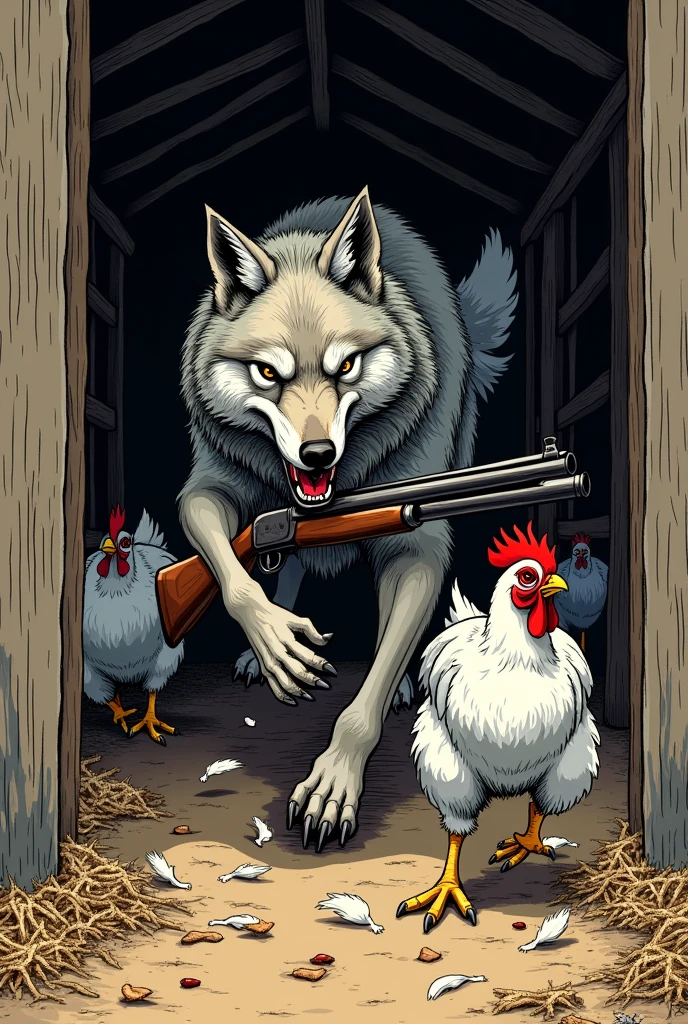 a wolf with a shotgun chasing chickens inside a chicken coop style drawing for an album cover