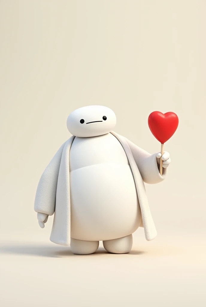 Baymax wearing a white robe holding a red lollipop with his right hand 