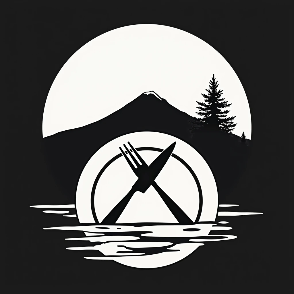 Logo of a restaurant rich in nature and deep in the mountains
Restaurant logo with a view of Mt. Fuji
Circle-shaped logo marks,
The circle is a pop illustration of the plate
A logo that shows that it is a delicious restaurant
a restaurant rich in nature
On the terrace table, a knife and fork were crossed, polite,
a small pine tree
attract tourists
chic
Mt. Fuji is painted with only silhouette, pop and border only
Logos are pop, stylish and silhouette-only logo marks
White background
Black and white two-tone coloring design
achromatic design
elegant design
Italian and Japanese restaurants
Match between Japanese and I, harmony
Pretty cool
Stylish design
chic and modern design