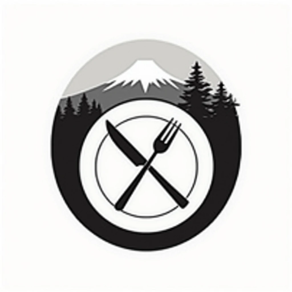 Logo of a restaurant rich in nature and deep in the mountains
Restaurant logo with a view of Mt. Fuji
Circle-shaped logo marks,
The circle is a pop illustration of the plate
A logo that shows that it is a delicious restaurant
a restaurant rich in nature
On the terrace table, a knife and fork were crossed, polite,
a small pine tree
attract tourists
chic
Mt. Fuji is painted with only silhouette, pop and border only
Logos are pop, stylish and silhouette-only logo marks
White background
Black and white two-tone coloring design
achromatic design
elegant design
Italian and Japanese restaurants
Match between Japanese and I, harmony
Pretty cool
Stylish design
chic and modern design