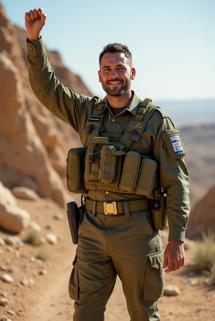 Photo of an Israeli soldier raising his hand in victory