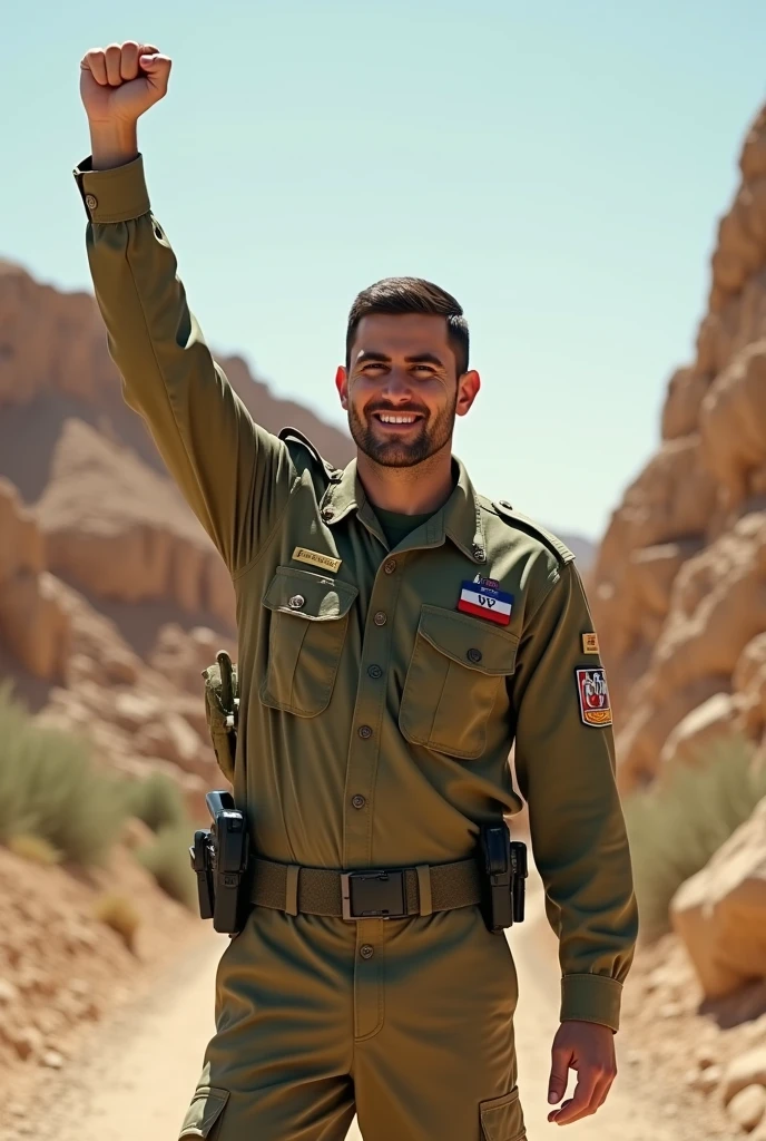 Photo of an Israeli soldier raising his hand in victory