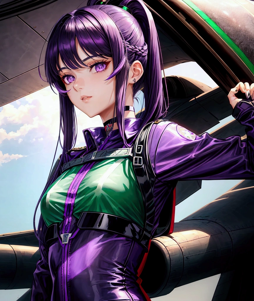 a beautiful and cool girl,medium hair, straight hair, purple hair, black pilot suit, red under shirt, dark green shoulder pad, black choker, ace pilot, purple eyes