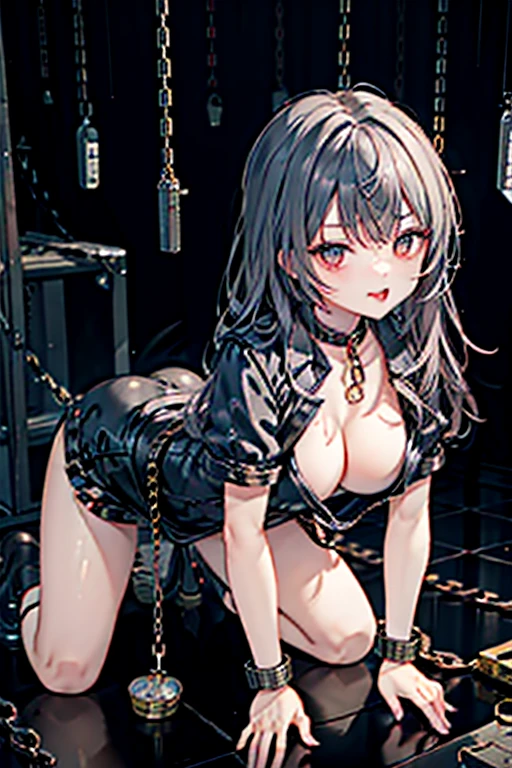 unparalleled beauty,Beautiful woman,scary expression,(prison),(prison),(in a cage),(slave),get down on all fours,crawl on hands and knees,kneeling position,Posture with butt sticking out,dog pose,((stick out tongue)),((drooling)),Kamimei,From above,((collar with chain)),(Chained:1.5), With cuffs,fetters,surrealism, f/1.2, fujifilm, 35mm, 8K, Super detailed, nffsw, table top, rough skin, high quality, 最high quality, hard disk