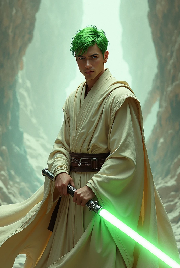 Jedi with green hair tips, White lightsaber, male 