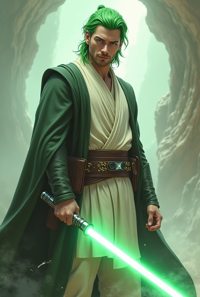Jedi with green hair tips, White lightsaber, male