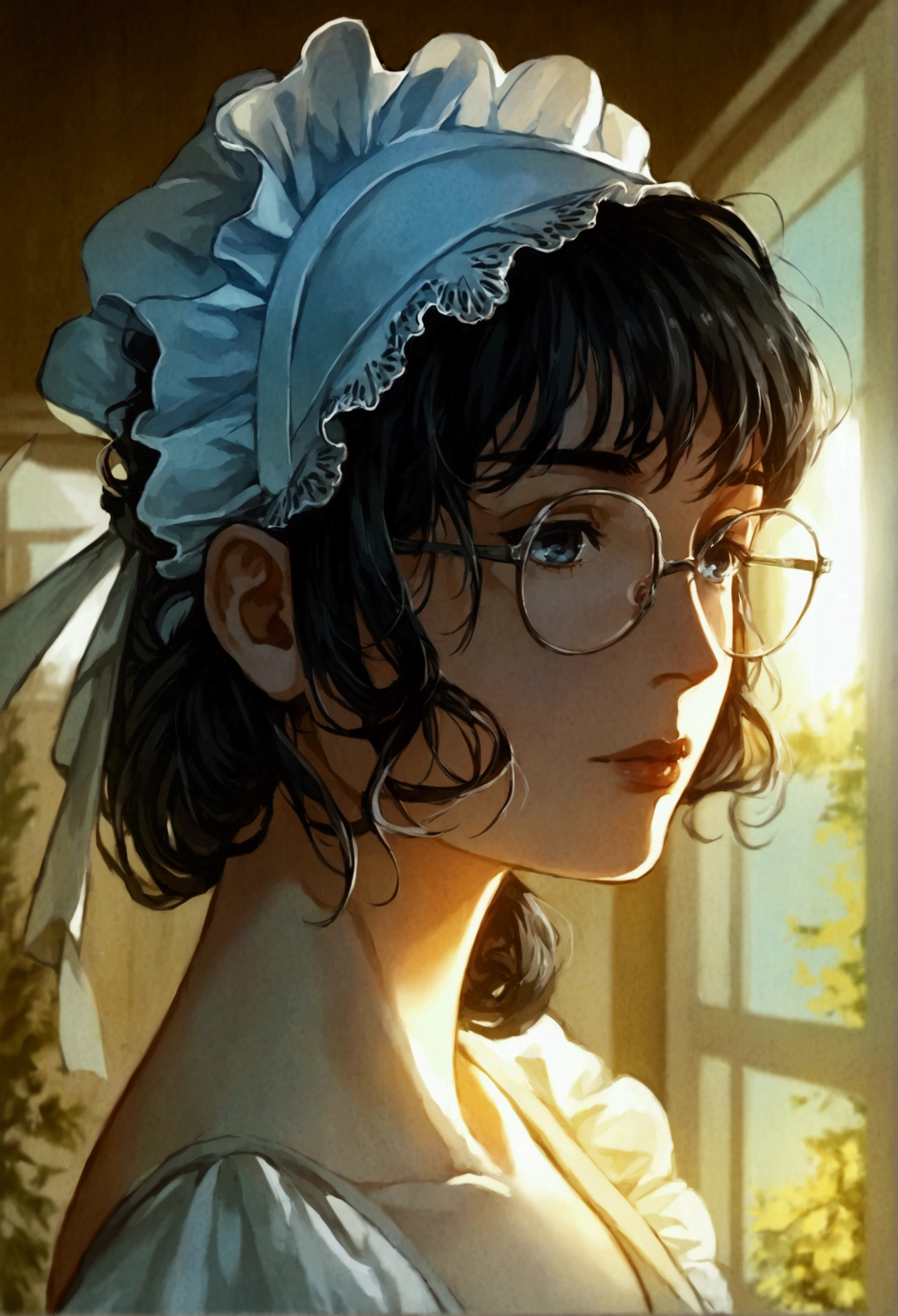 masterpiece, Highest quality, One person, Maid headdress, Black Hair, Glasses, cool, Cowboy Shot