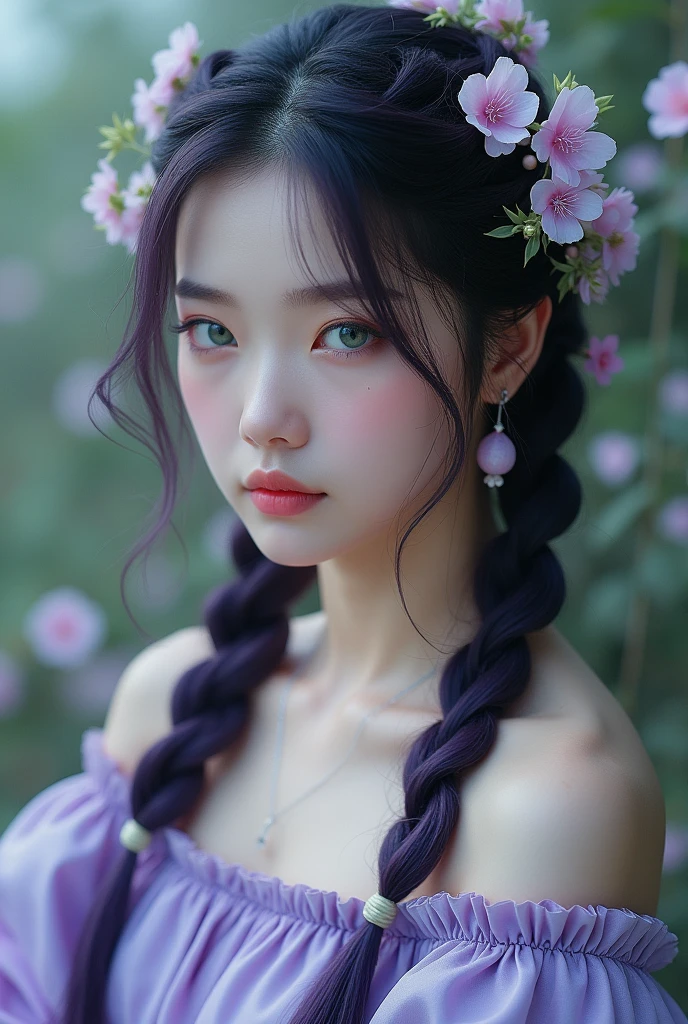 Woman,skin fair,sparkling green eyes,dark purple braided hair,flowers in the braid,light purple dress,cinema image,品質,full body images,detailed((I don't want him Korean))