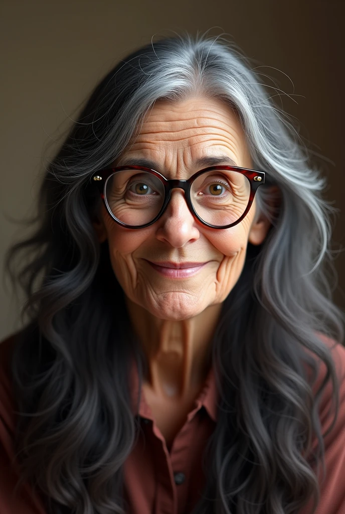 Grandma with long black hair, with black glasses and big brown eyes