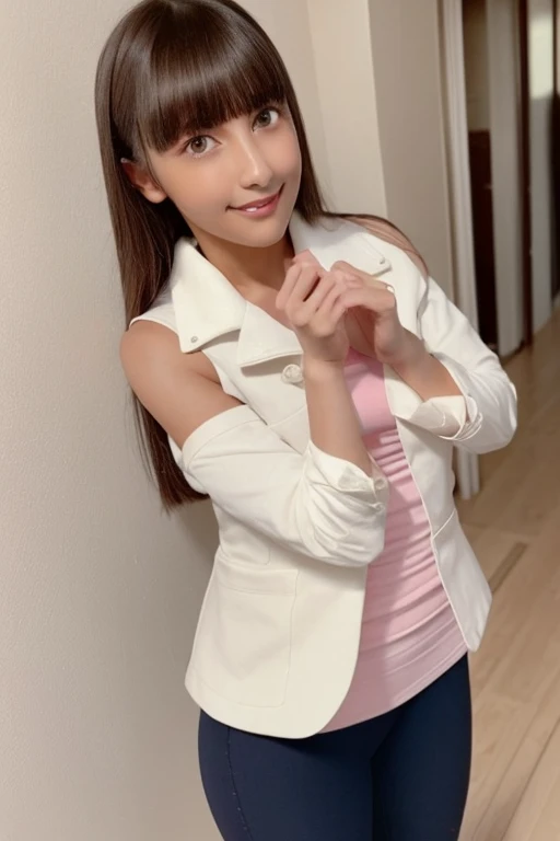 1girl, beautiful woman tank top jacket、Pink Panties, skinny, perfect body, defined abs, gold hair, standing in a white wall photography studio,  ultra-detailed face, beautiful eyes, beautiful lips, double eyelids, shy smile, trimmed bangs, sun-kissed skin, hint of pubic hair, (best quality, 8k, masterpiece:1.3), frontal and full-body shot, pussy line, front facing, open legs
