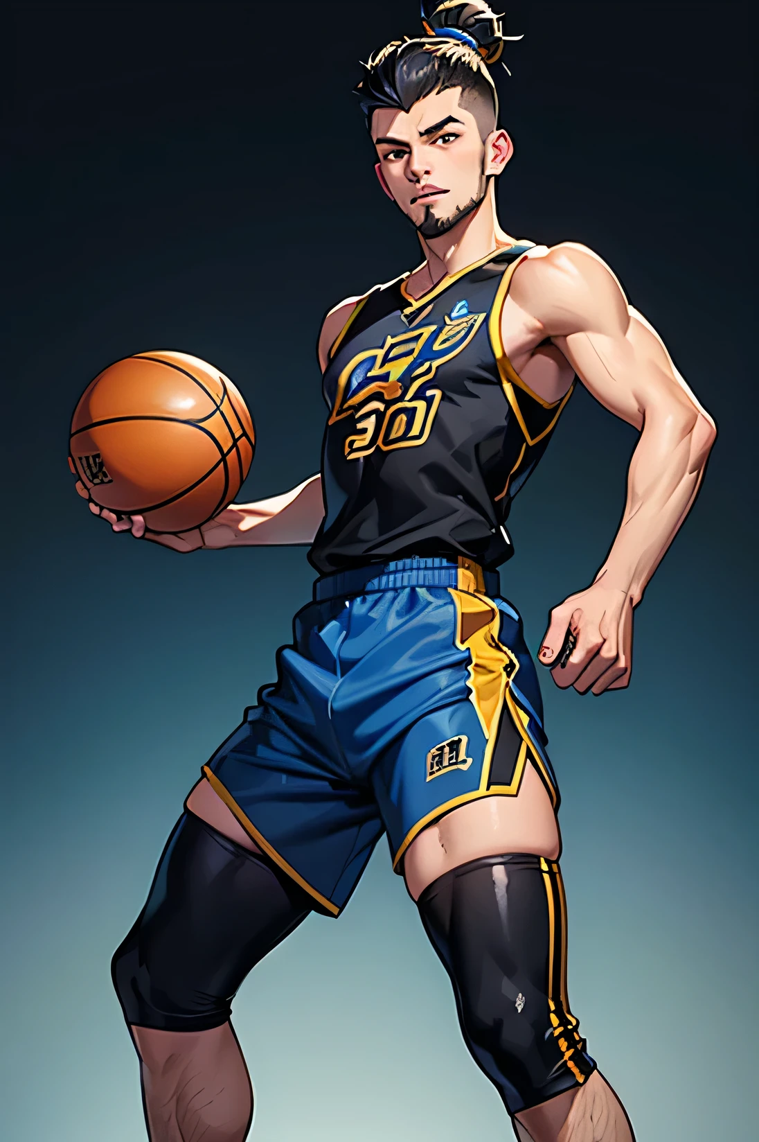 2 boy, twink, handsome, his skin is light tropical Latin, his hair is in a samurai bun with the sides in high fade, he has a small beard, he wears blue and black basketball clothes, his shorts are small (short), his legs are showing, we can see the image in full showing him in full body, the background is solid black.