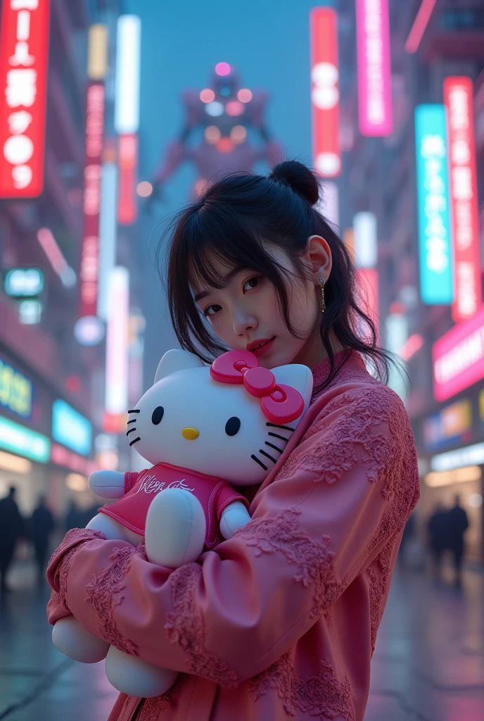 Best Quality, 4k wallpaper, masterpiece, Extremely detailed CG unity 8k wallpaper, Extremely detailed eyes, ultra detailed, intricate details,
1 girl of 20 years old, Science fiction, (h1c4tt3ch mecha, hugging Hello kitty doll, cyberpunk, happy neon city, smile, Hello kitty, adorable, Beautiful, dynamic pose