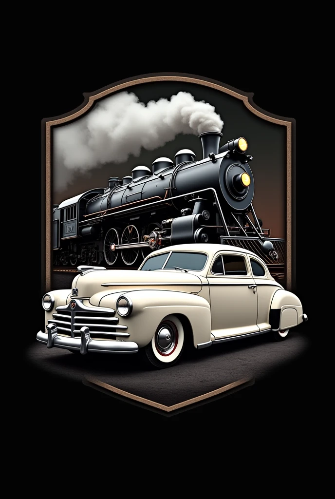 Logo with images of a steam train and a classic 1946 car in white with a black background