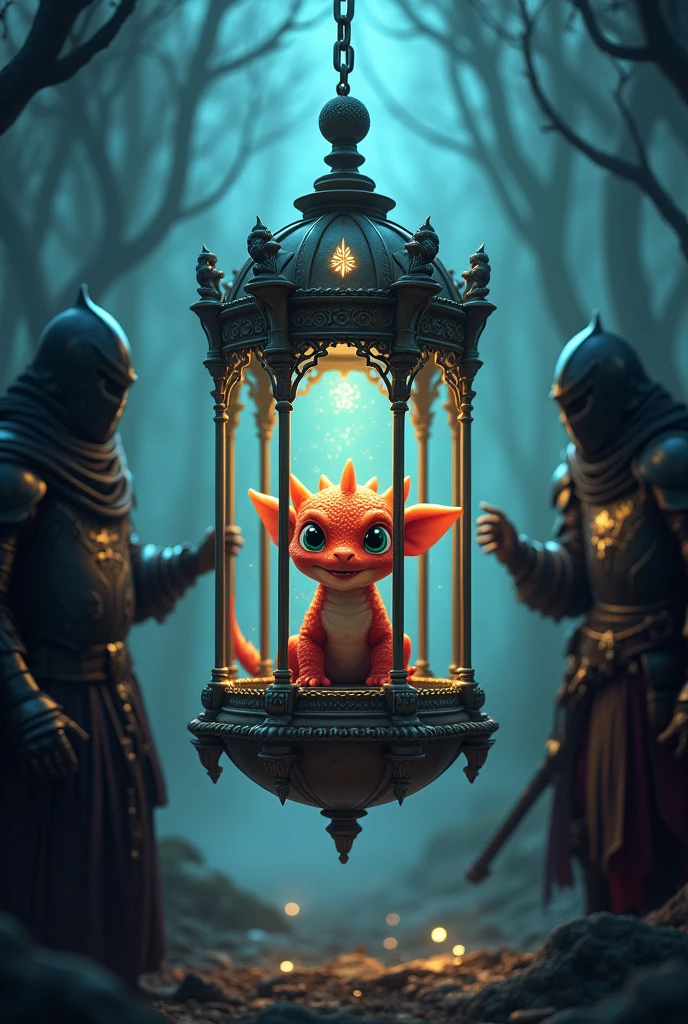 Adorable baby dragon trapped in a magical cage, by dark knights. dark fantasy style