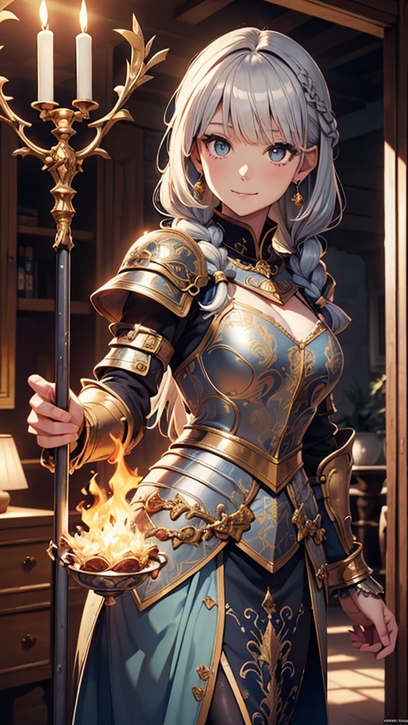 (Official Art、Highest quality、unity 8k wallpaper、32K、masterpiece、Super detailed、Ultra-high resolution、Actual、realism)、(Cinema lighting:1.2)、Fire glow effect、Best Shadow、Side Shot、Side body、Edge Light、Side light、(Highly detailed and intricate 3D rendering)、繊細でBeautiful Faceと目、Sharp pupils、Realistic student、Thinner、1Dear、Large bust、Beautiful Face、Beautiful girl 、(Very delicate skin、Detailed skin texture:1.3)、(Silver Blonde、Blue-silver hair:1.3)、Holy Knight、Long hair、Blunt bangs、Green Eyes、3 braids 1 bundle、(Blue Armor、Blue Boots、Blue Helmet、Inlaid gemstones、Gold embroidery)、Thinner、Long skirt、(Upper Leg, Upper Leg, Upper Leg:0.8)、(colorful、dream-like:1.2)、(dream-like:1.3)、(Side body、prayer)、(avert your eyes、Shima:1.3)、dream-like、An innocent smile、Media dissolution, 2, Sexy, Large Eyes, Wear diamond earrings, camisole, Taking a shower