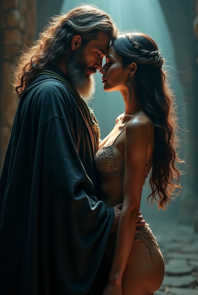 a wizard couple, a man with a medium beard, a woman with a beautiful body and a large buttocks, highly detailed, 8k, ultra realistic, photorealistic, cinematic lighting, romantic fantasy, dark moody atmosphere, dramatic lighting, volumetric lighting, depth of field, hyper detailed, award winning art, intricate details, masterpiece, exquisite, elegant, beautiful