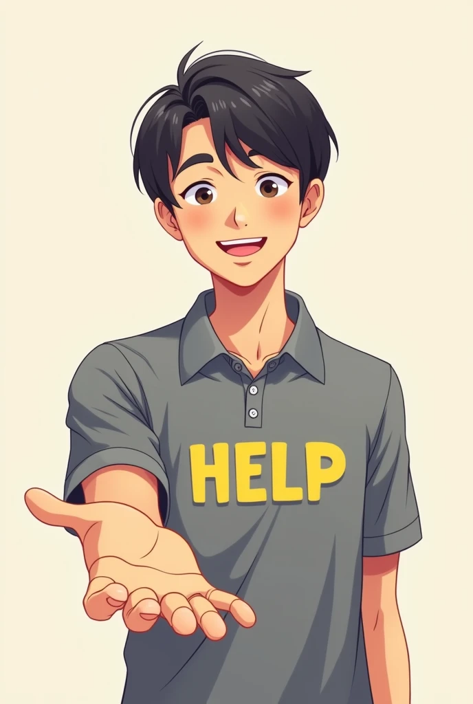 A person extending his hand as if to help the screen with a soft smile on his face and engaging and caring being ready to help, with a gray polo shirt with help written in yellow, in manga genre