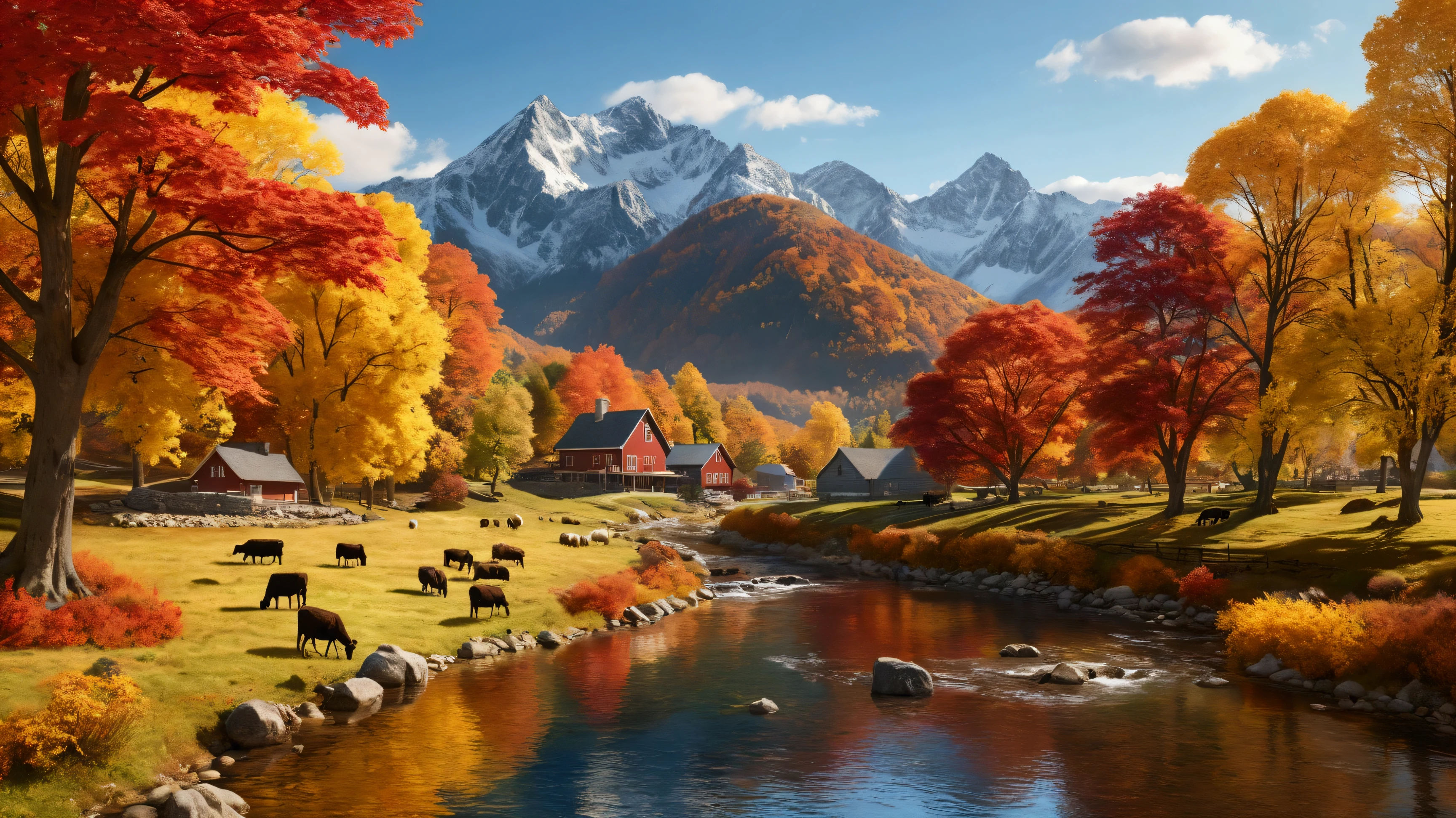 Create an ultra-high-resolution, 8K, photorealistic image of a stunning autumn landscape. In the distance, vibrant red maple forests cover the mountains, glowing brilliantly under the golden autumn sunlight. A gentle river flows through the scene, with maple leaves floating on the water's surface. In the foreground, colorful houses and grazing cows and sheep dot the landscape. The sky is clear with high, wispy clouds, and the air feels crisp and fresh. Birds soar and sing above, adding to the serene and enchanting atmosphere of this picturesque fall day.