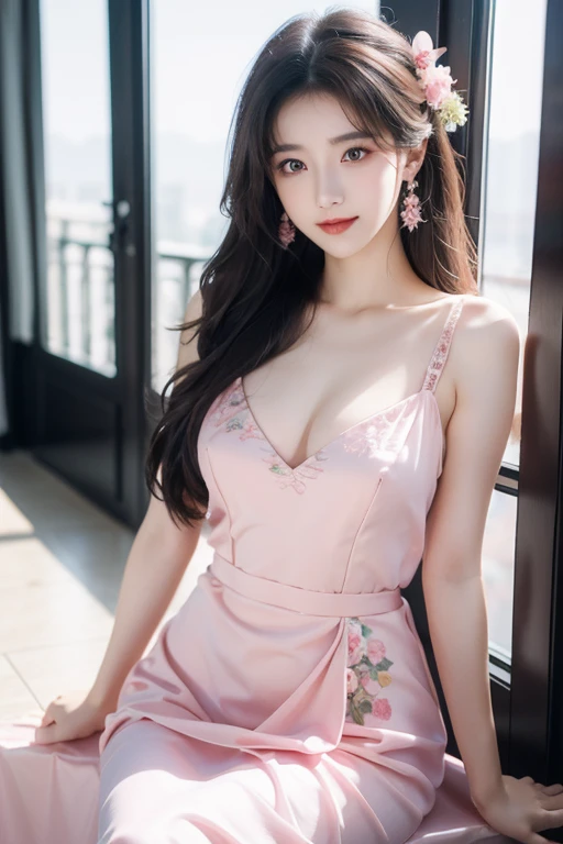 araffe gitl in a pink dress sitting on a ledge, wearing pink floral gown, xintong chen, Gorgeous young Korean girl, ulzzangs, gorgeous chinese models, beautiful Korean women, Beautiful young Korean woman, Wearing a pink dress, Pink dress, wearing a pink dress, yanjun cheng, Shin Jinying, cute beautiful, beautiful pretty young pretty eyes with smile face white skin long hair girl girl sitting on chear gaming girl
