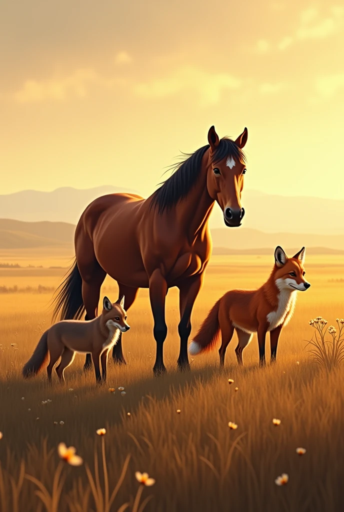 one horse, a coyote and a fox in a prairie setting.