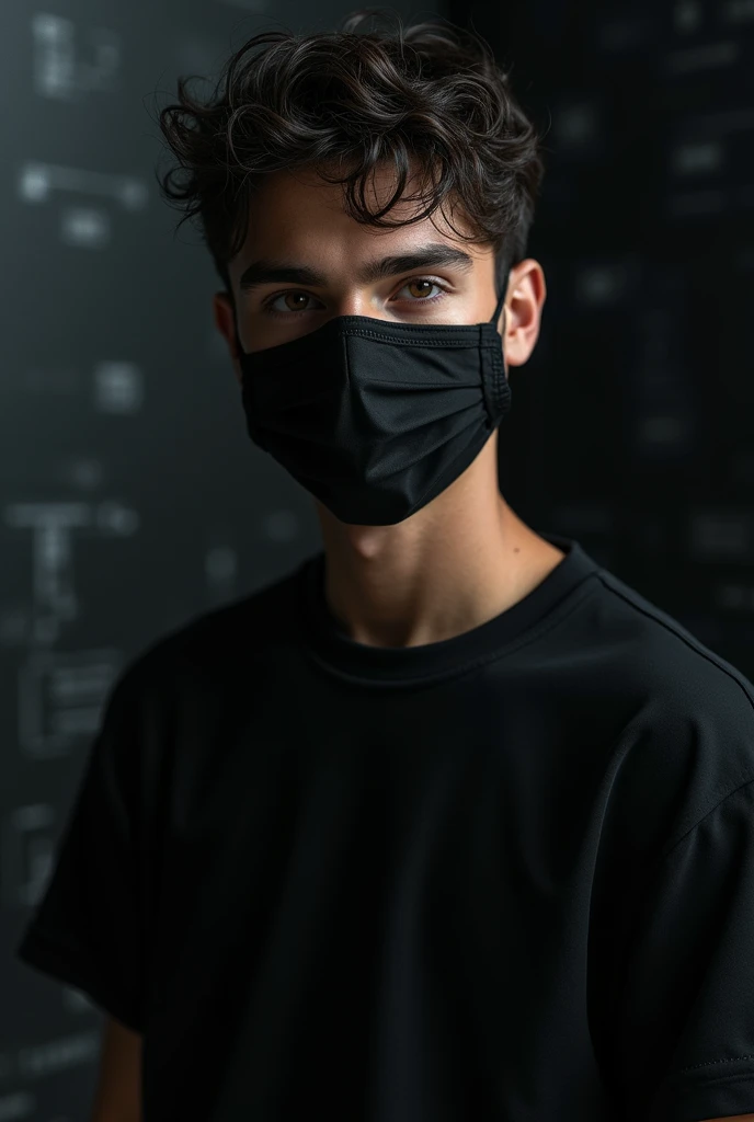 Create a ultra realistic picture where a attractive boy in a black shirt with a face mask he looks ahead. The background feature is cyber style black wall. There should not be his shadow, and will be so handsome and smart