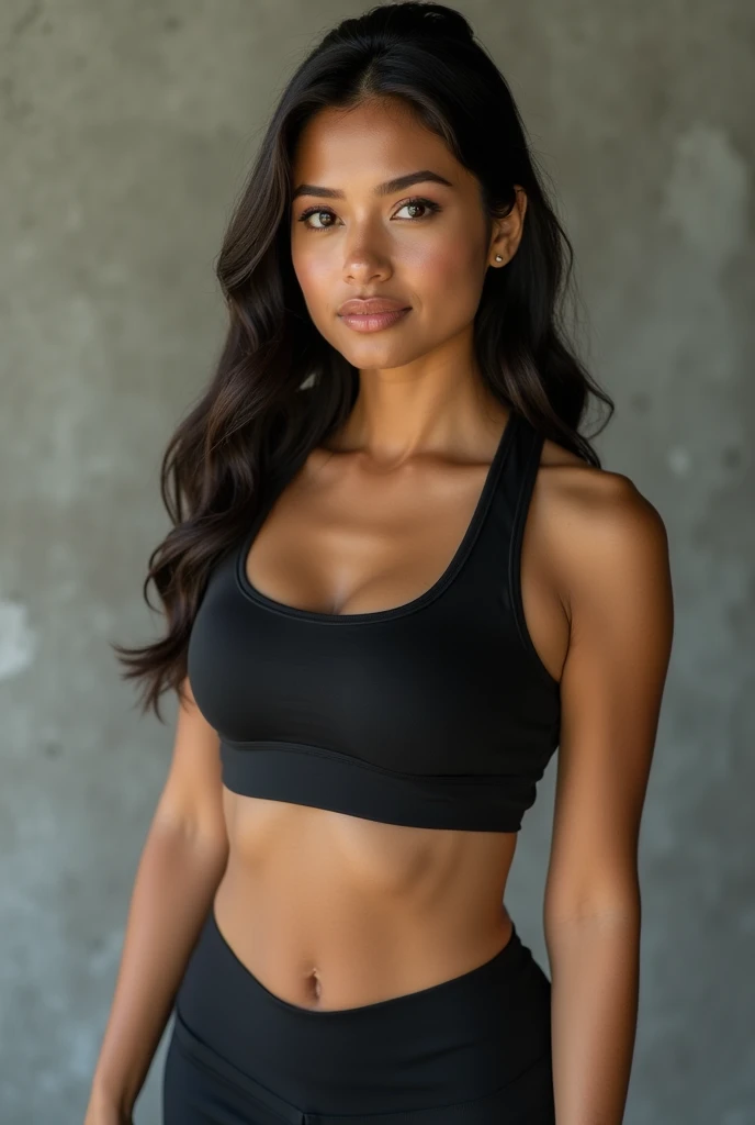 (original photo) an Indonesian woman. Age 30s. Have a sexy and curvy body. Standing wearing sportswear. Breasts look round. But covered in sportswear.