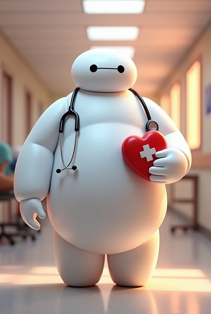 Baymax wearing a white doctor&#39;s coat with a stethoscope, and holding a red paddle with his right hand 